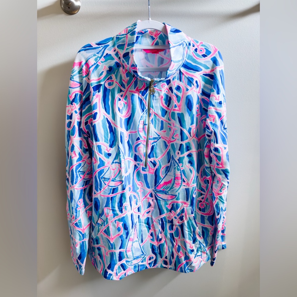 Lilly Pulitzer XXL Skim Blue REEL NAUTI SKIPPER POPOVER 1/2 Zip Pullover